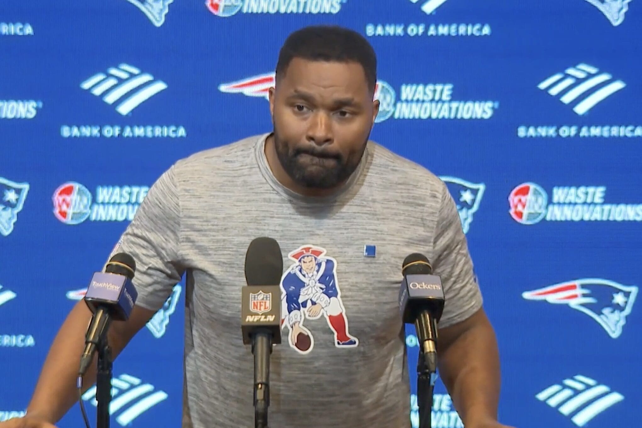 New England Patriots head coach Jerod Mayo at the postgame press conference after they lost 25-24 to the Indianapolis Colts to fall to 3-10 on the season.